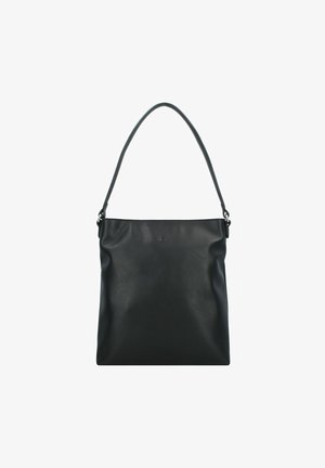 Sac en cuir noir avec une texture lisse, grand compartiment principal et une seule poignée courbée. Design minimaliste avec un logo discret.