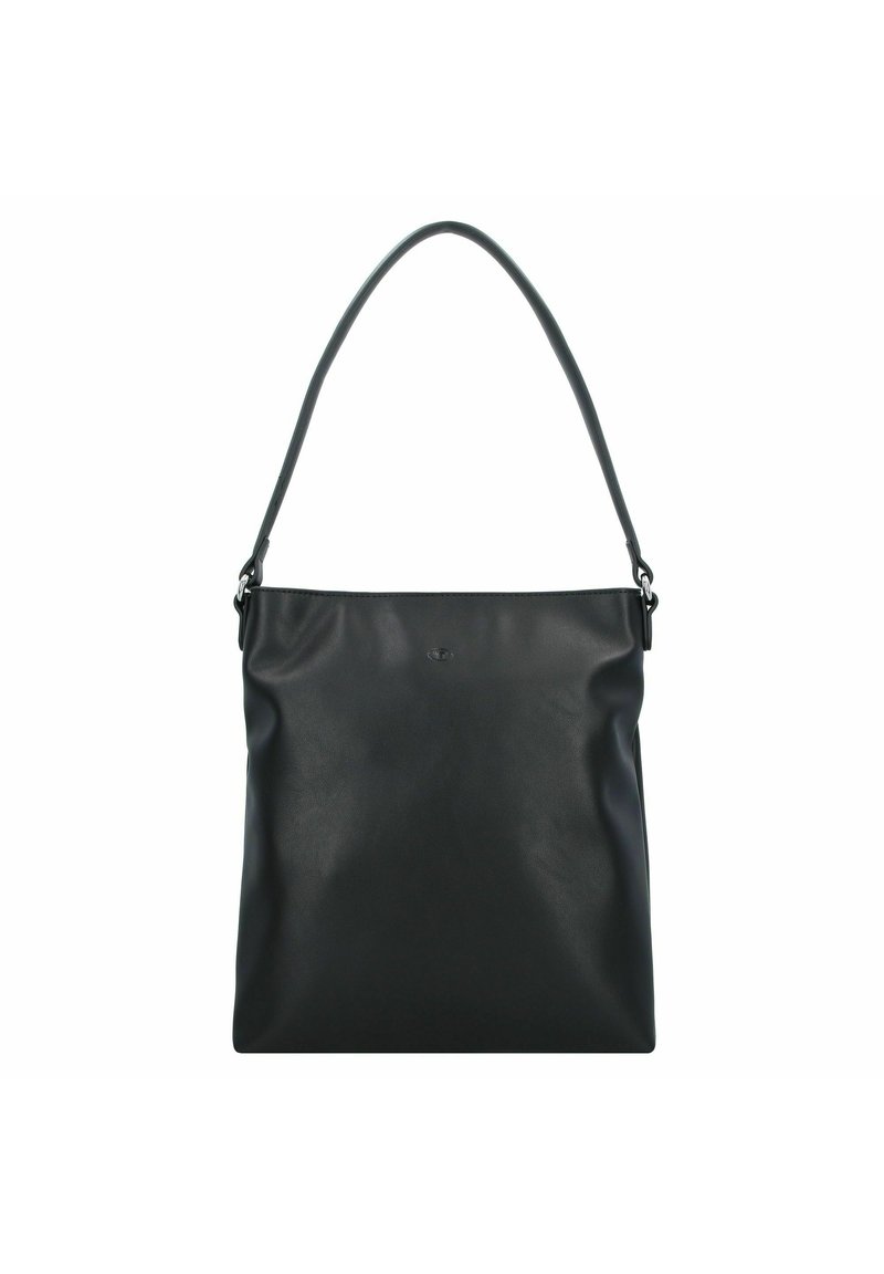 Sac en cuir noir avec une texture lisse, grand compartiment principal et une seule poignée courbée. Design minimaliste avec un logo discret.
