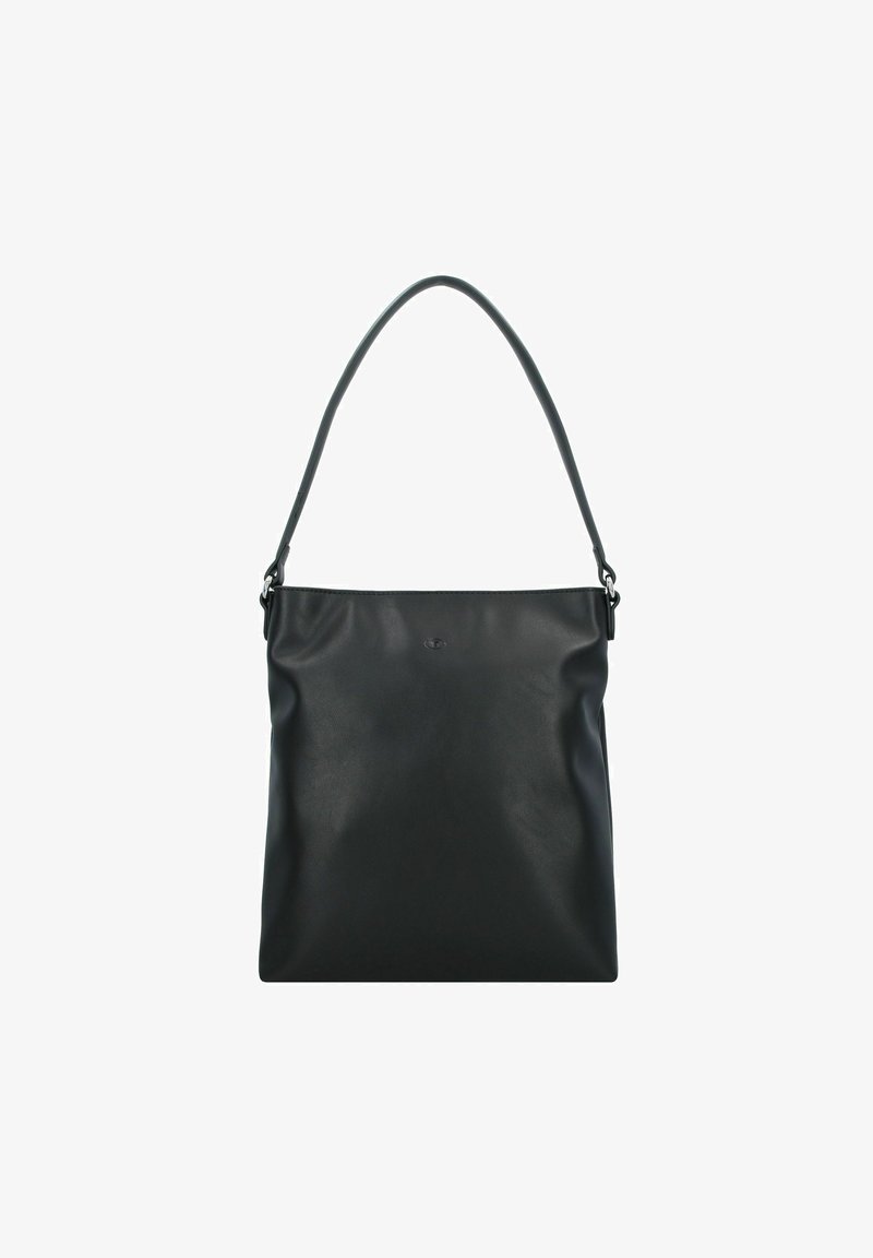 Sac en cuir noir avec une texture lisse, grand compartiment principal et une seule poignée courbée. Design minimaliste avec un logo discret.