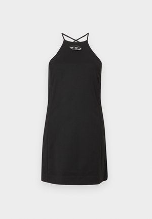 Černé šaty na zavazování za krkem s přiléhavým střihem, s překříženými ramínky a oválným výřezem u výstřihu. Hladká látka.