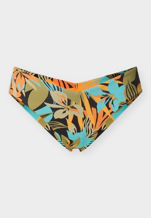 Braguitas de bikini con estampado floral tropical colorido en tonos de naranja, azul, verde y negro sobre una tela suave.