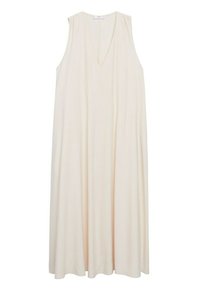 Mouwloze jurk in off-white, met een v-hals ontwerp, gemaakt van soepel stof, vloeiende vorm, reikt tot halverwege de kuit, eenvoudige silhouet zonder patronen of accenten.