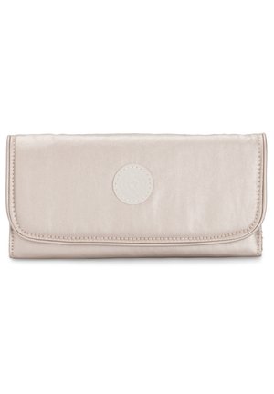 Light beige wallet with a smooth, shiny texture. Features a curved flap closure and a circular embossed logo on the front.