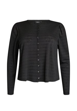 Sort tekstureret bluse med lange ærmer, rund halsudskæring, små knapper foran og diskrete pufærmer.