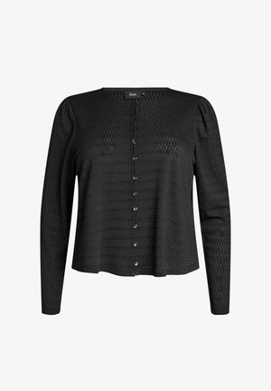 Sort tekstureret bluse med lange ærmer, rund halsudskæring, små knapper foran og diskrete pufærmer.