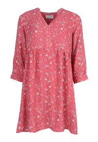 Blumenmuster-Kleid aus pinkem Stoff mit V-Ausschnitt, dreiviertelÄrmeln und gerafftem Taillenteil. Enthält weiße und gelbe Blumenmuster.