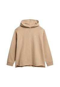 Hoodie beige en tissu doux, avec une grande capuche, des manches longues et une coupe droite. Logo brodé sur le devant.