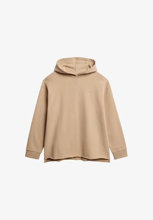 Beige hoodie lavet af blødt stof, med en stor hætte, lange ærmer og lige snit. Broderet logo på forsiden.
