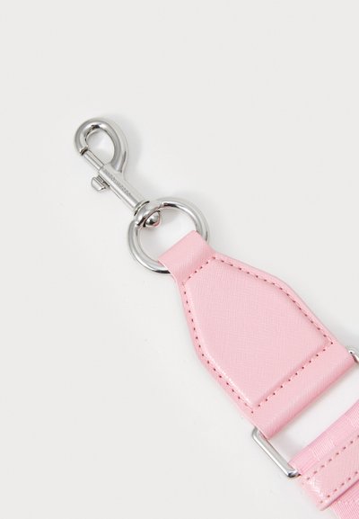 Pink synthetic strap with a glossy texture, featuring a silver metal clip and a ring attachment for secure fastening.