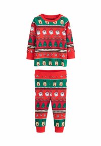 Set de pijamale tematice de sărbători în roșu și verde, cu modele festive de Moș Crăciun, reni, brazi, fulgi de zăpadă și bezele de mentă. Material moale.