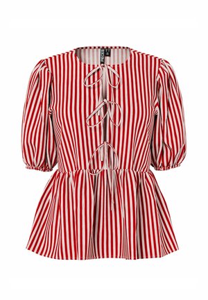 Bluza cu dungi verticale roșii și albe, mâneci bufante, trei închideri cu funde în față și tiv evazat peplum.