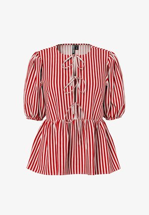 Rood-wit verticale gestreepte blouse met opgeblazen mouwen, drie knoopsluitingen aan de voorkant en een uitlopende peplumzoom.