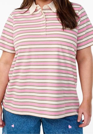 Kurzärmeliges Poloshirt in Beige mit rosa und braunen horizontalen Streifen, mit einem Kragen und einer dreiknöpfigen Knopfleiste zum Schließen.