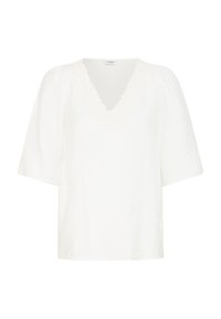 Top blanco de manga corta con escote en V, que presenta un acabado con borde ondulado. Hecho de una tela ligera, tiene un ajuste holgado y una textura suave.