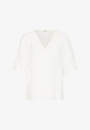 Haut blanc à manches courtes avec un décolleté en V, doté d'une bordure festonnée. Fabriqué en tissu léger, il présente une coupe décontractée et une texture douce.