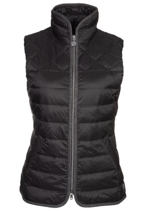 Musta tikattu hihaton toppaliivi, jossa korkea kaulus, etuvetoketju ja kaksi sivutaskua, tummanharmaalla reunuksella.