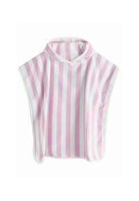 Hooded poncho tillverkat av mjuk frotté, med horisontella rosa och vita ränder, ärmlös design och en avslappnad passform.