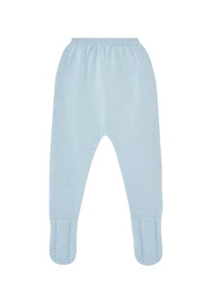 Pantalon de bébé tricoté bleu clair avec pieds, doté d'une taille élastique et d'un motif en maille texturée sur les parties des pieds.