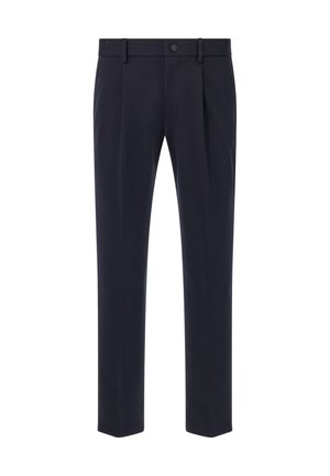 Marineblaue Hose mit maßgeschneidertem Schnitt, zwei vorderen Falten, glattem Vorderteil und einem einzelnen Knopfverschluss. Hergestellt aus einem glatten Stoff mit leichtem Glanz.