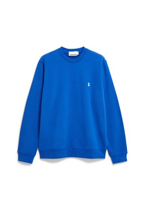 Blauer Sweatshirt aus Fleece-Stoff, mit einem gerippten Rundhalsausschnitt, langen Ärmeln und einem kleinen weißen Bandlogo auf der Brust.