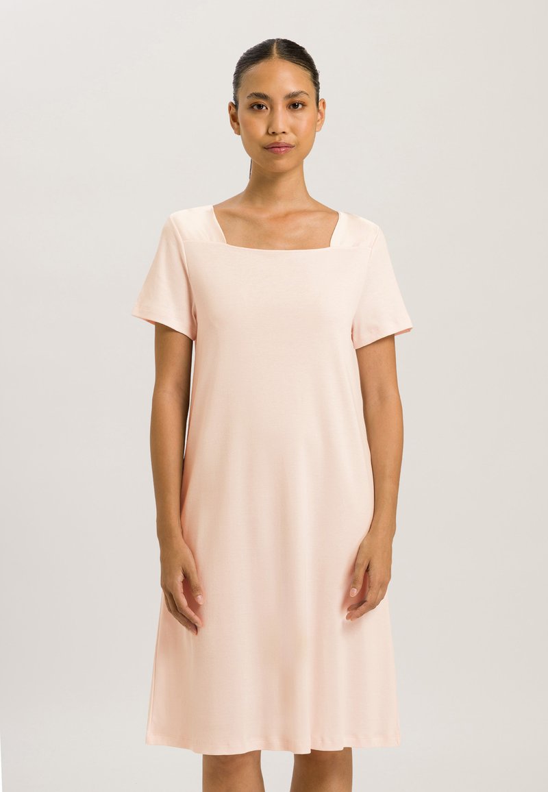 Light pink, square-neck dress with short sleeves and a relaxed fit, made of soft fabric that drapes to mid-calf, featuring a smooth texture.