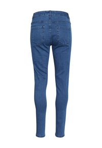 Kapeat farkut tummansinisestä denim-kankaasta, jossa on sileä pinta. Sisältää keskikorkean vyötärön ja kaksi takataskua, joissa on hienovaraiset tikkausdetaljit.