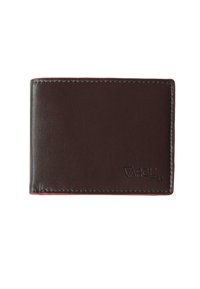 Brown leather wallet featuring a smooth texture, contrasting stitching, and a subtle embossed logo on one side.