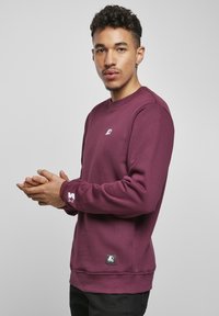 Burgunderfarget genser med rund hals, lange ermer, med en liten logo på brystet og broderte detaljer på mansjetten.