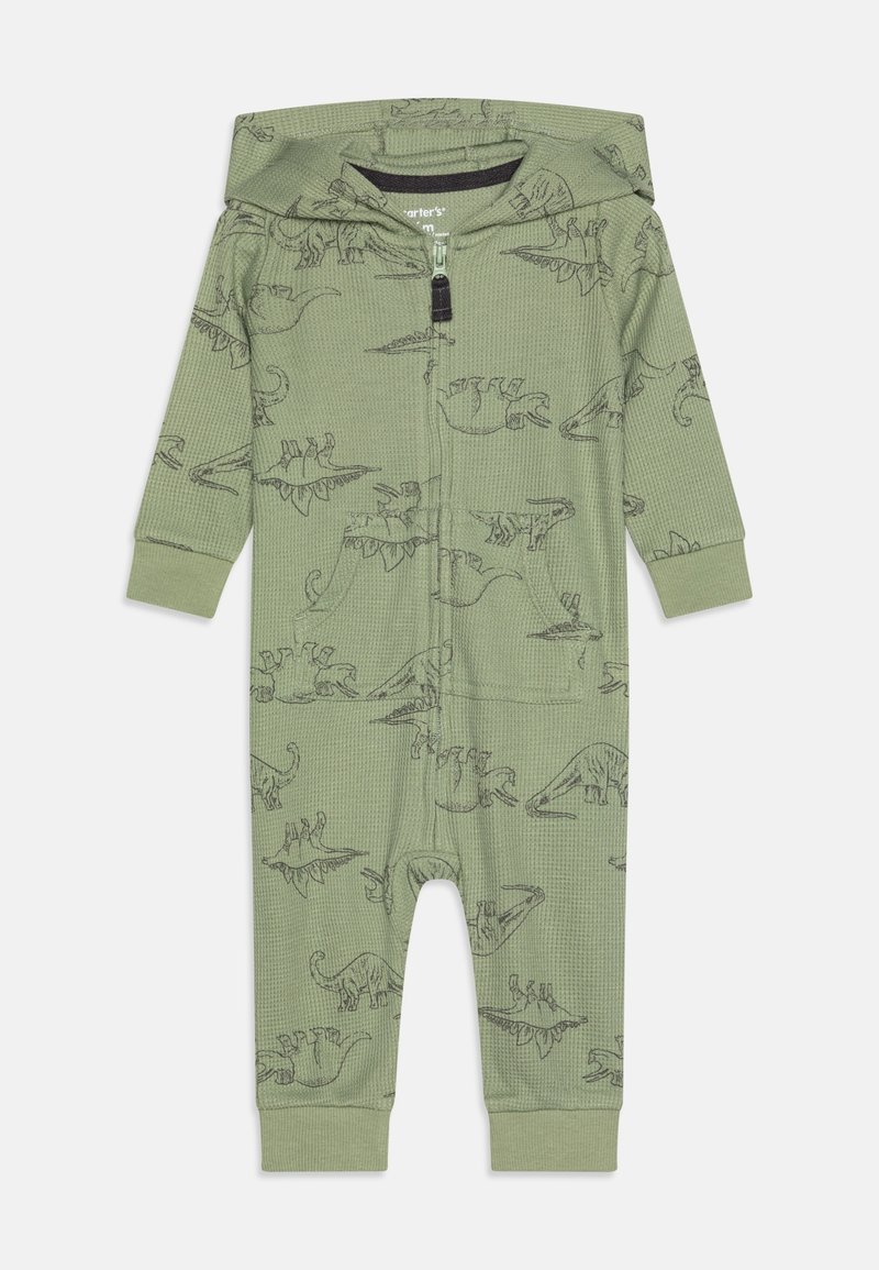 Grenouillère verte pour bébé avec capuche, fermeture éclair complète à l'avant et dessins linéaires noirs de dinosaures imprimés sur tout le tissu.