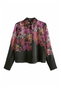 Long-sleeve button-up shirt featuring a sheer fabric with a floral pattern in pink, purple, and gold, set against a black background.