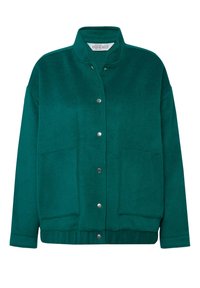 Zelená vlněná bunda s vysokým límcem, zapínáním na patentky, dvěma předními kapsami a volným střihem. Měkká textilie, ležérní design.