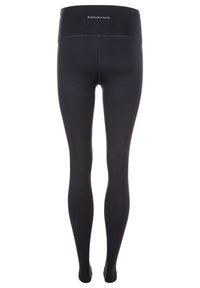 Svarta sportleggings tillverkade av stretchigt material, med en bred midjeresår och en slät yta, samt diskreta söm detaljer.