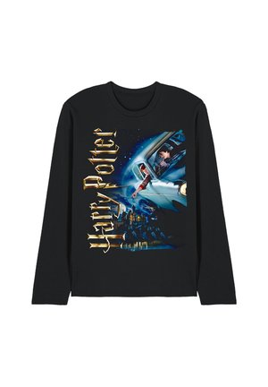 Black long-sleeve shirt with Harry Potter text and image of two boys flying a car over a castle at night.
