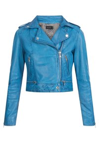 Chaqueta de motorista corta de cuero azul con cremalleras plateadas, botones a presión y un cierre frontal asimétrico. Presenta mangas largas y un acabado texturizado.