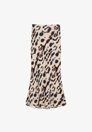 Leopardenmuster Midi-Rock in Beige und Schwarz, aus glattem Stoff gefertigt, mit schwingendem Saum und taillierter Silhouette.