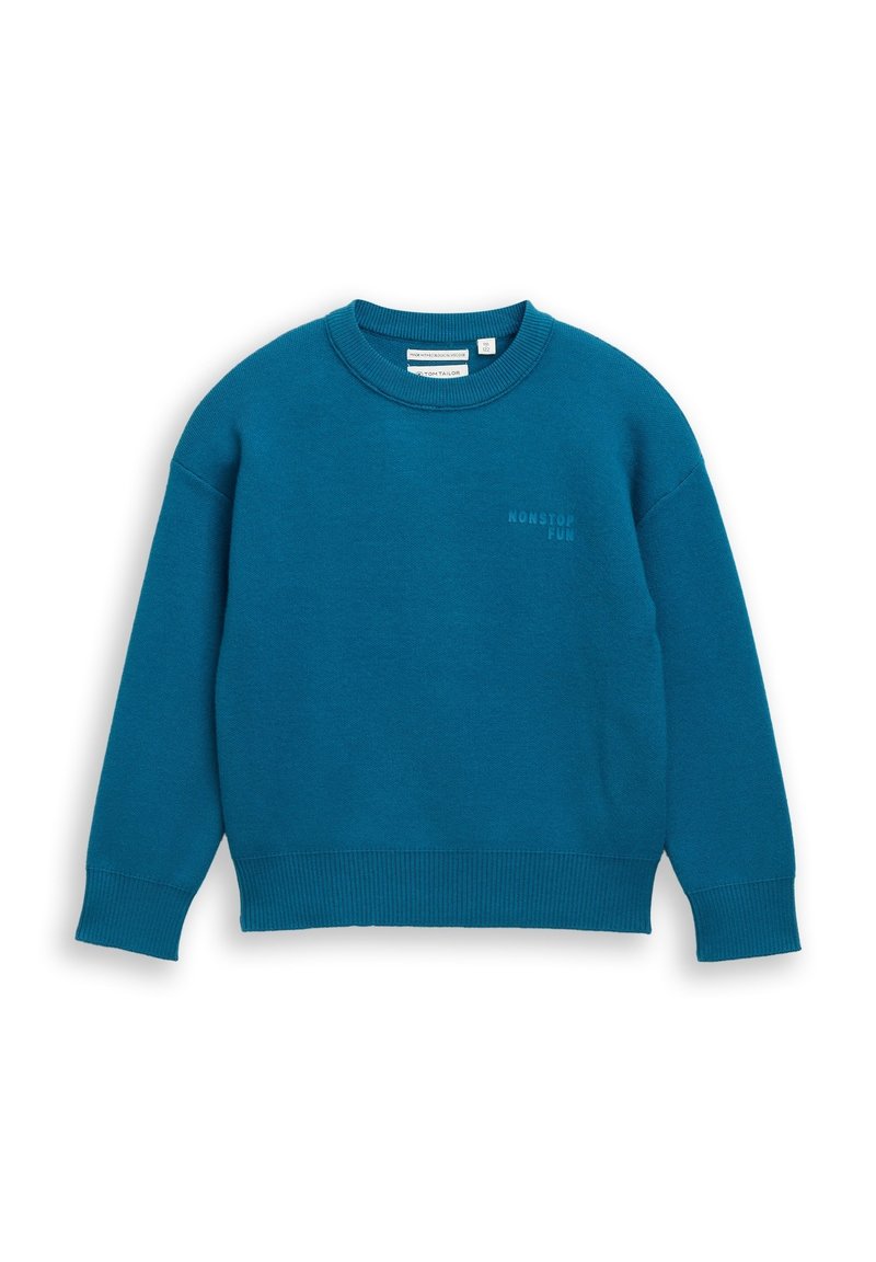 Türkise Sweatshirt aus weichem Stoff, mit Rundhalsausschnitt, gerippten Bündchen und Saum, mit dezentem "NONSTOP FUN"-Druck auf der Brust.