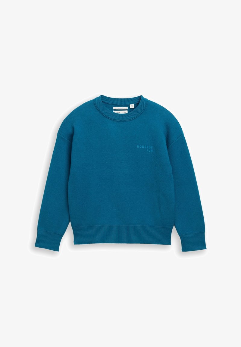 Felpa teal realizzata in tessuto morbido, con colletto rotondo, polsini e orlo a costine, con la scritta "NONSTOP FUN" stampata in modo discreto sul petto.