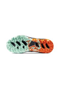 Sole di scarpa sportiva con colori nero, verde menta e arancione. Gomma testurizzata con tacchetti multidirezionali per trazione e durata.