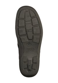 Suola di scarpa in gomma nera con un modello di battistrada che presenta scanalature standard e aree di presa. Logo del produttore e informazioni sulla taglia impresse.