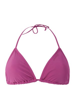 Lila Bikinioberteil in Dreiecksform mit verstellbaren Nacken- und Rückenträgern, aus glattem Stoff mit unaufdringlichem Logo auf einer Cup-Seite.