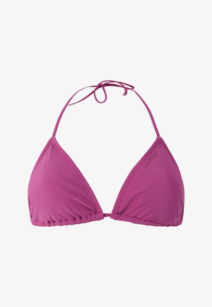 Lila Bikinioberteil in Dreiecksform mit verstellbaren Nacken- und Rückenträgern, aus glattem Stoff mit unaufdringlichem Logo auf einer Cup-Seite.