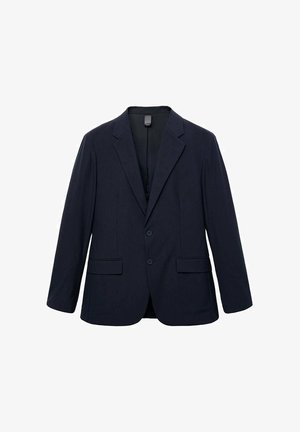 Blazer blu navy realizzato in tessuto testurizzato con rever a punta, due bottoni e due tasche frontali. Vestibilità sartoriale con maniche lunghe.