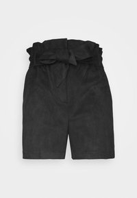 Zwarte suède shorts met een brede, gestructureerde tailleband en een gestrikte stoffen riem. Bevat zijzakken en heeft een losvallend ontwerp.