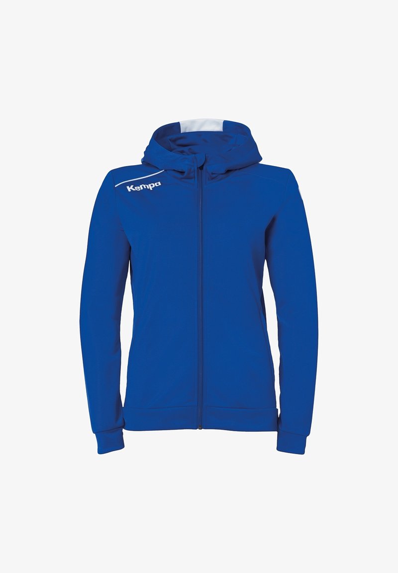 Veste à capuche bleue avec fermeture éclair intégrale, manches longues, poignets côtelés et logo blanc "Kempa" sur la partie supérieure gauche de la poitrine.