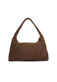 Brown woven handbag featuring a hobo shape, soft suede texture, and a wide, braided shoulder strap. No visible hardware or accents.