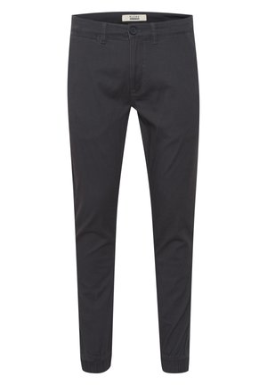 Black cotton blend trousers with a slim fit, featuring a button closure, front pockets, and elastic cuffs at the ankles.