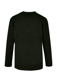 Zwarte lange mouwen shirt van katoen, met een ronde hals en een rechte zoom. De achterkant is eenvoudig zonder zichtbare logo's of patronen.