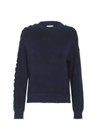 Navy blue ribbed sweater with long sleeves, round neckline, and scalloped detailing along side seams and cuffs. Textured knit fabric.