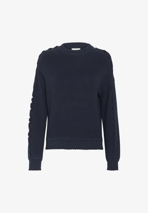 Námornícka modrá rebrovaná svetrová s dlhými rukávmi, okrúhlym výstrihom a vlnitým detailom pozdĺž bočných švov a manžiet. Textúrovaná pletená tkanina.