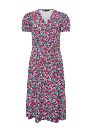 Vestido midi cruzado con estampado floral en rojo, azul, rosa y blanco, mangas cortas abullonadas, escote en V y cinturón para atar a la cintura.